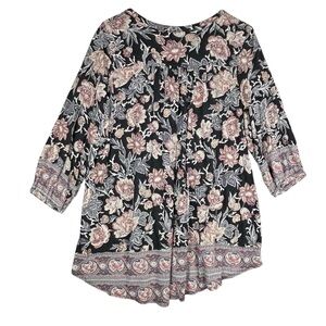 Lucky Brand Top Womens 2X Black Floral V-Neck‎ Buttons Border 3/4 Sleeve